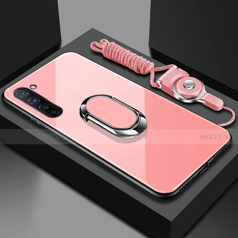 Silikon Schutzhülle Rahmen Tasche Hülle Spiegel mit Magnetisch Fingerring Ständer für Oppo K7 5G Rosa