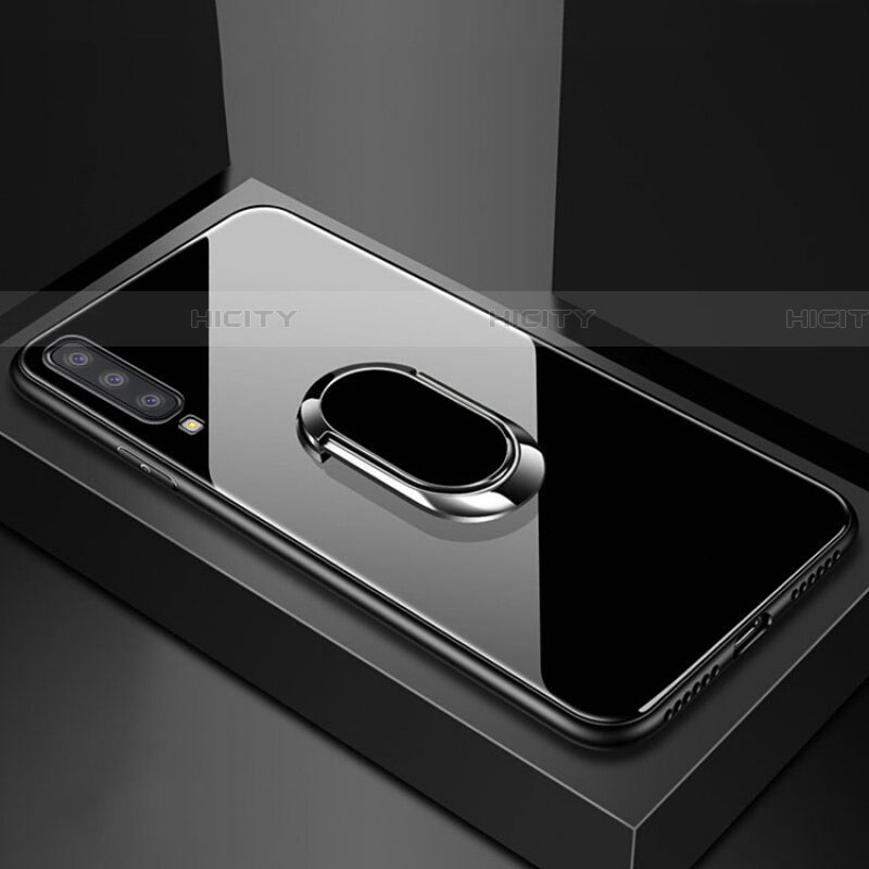 Silikon Schutzhülle Rahmen Tasche Hülle Spiegel mit Magnetisch Fingerring Ständer für Samsung Galaxy A70S Schwarz Plus
