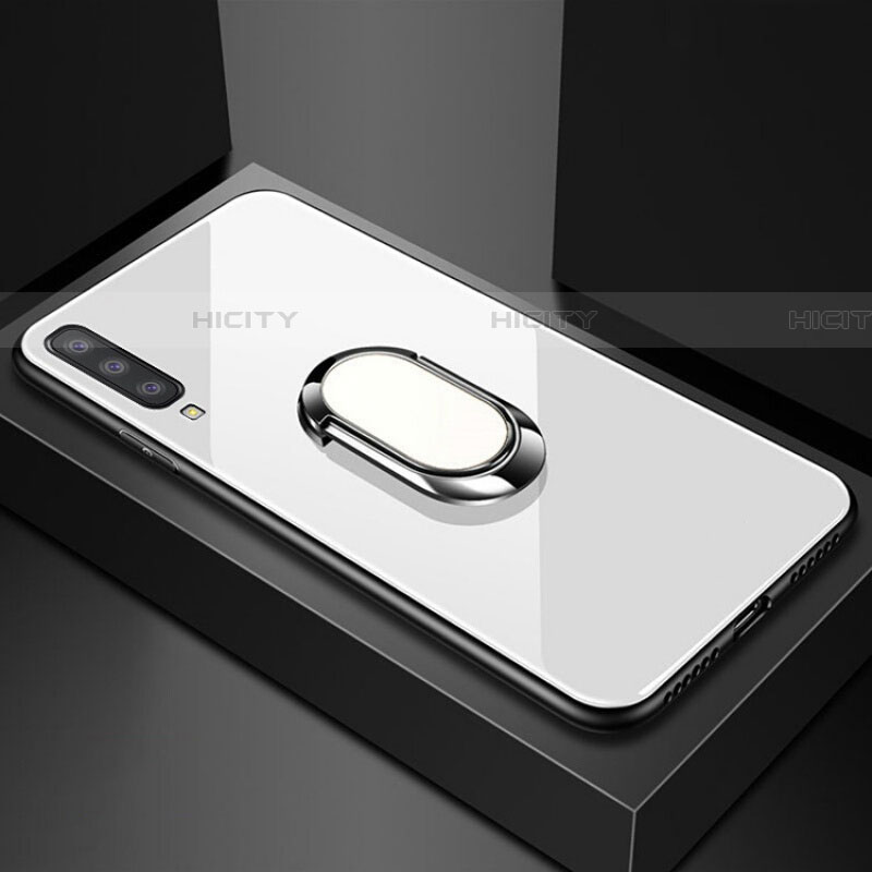 Silikon Schutzhülle Rahmen Tasche Hülle Spiegel mit Magnetisch Fingerring Ständer für Samsung Galaxy A70S Weiß