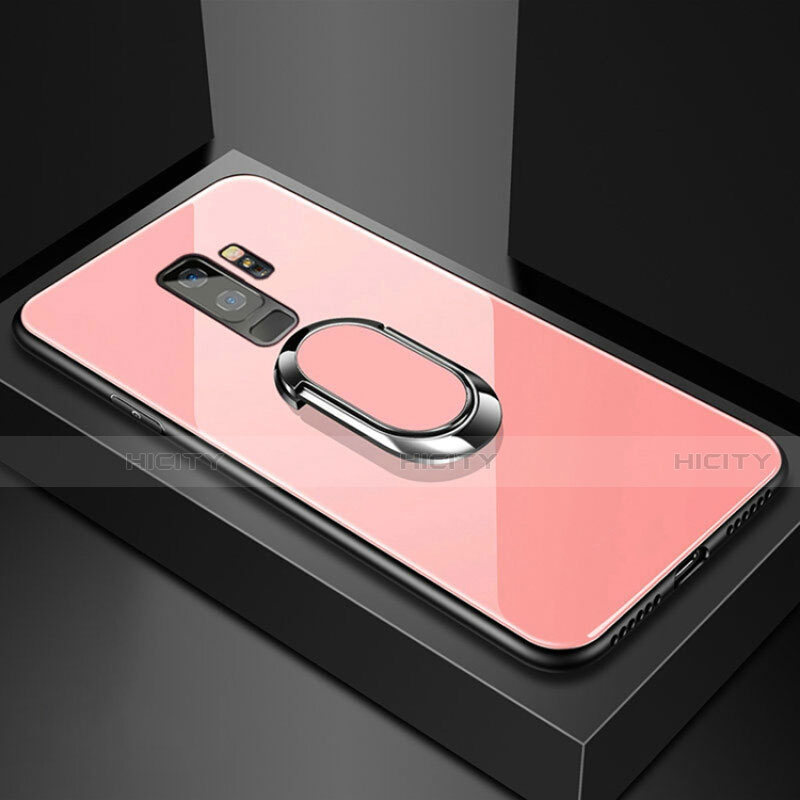 Silikon Schutzhülle Rahmen Tasche Hülle Spiegel mit Magnetisch Fingerring Ständer für Samsung Galaxy S9 Plus Rosegold