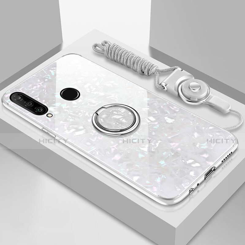 Silikon Schutzhülle Rahmen Tasche Hülle Spiegel mit Magnetisch Fingerring Ständer T01 für Huawei Nova 4e Weiß Plus