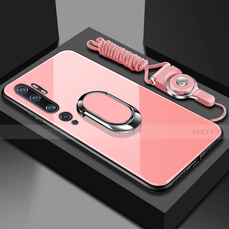 Silikon Schutzhülle Rahmen Tasche Hülle Spiegel mit Magnetisch Fingerring Ständer T01 für Xiaomi Mi Note 10 Rosa