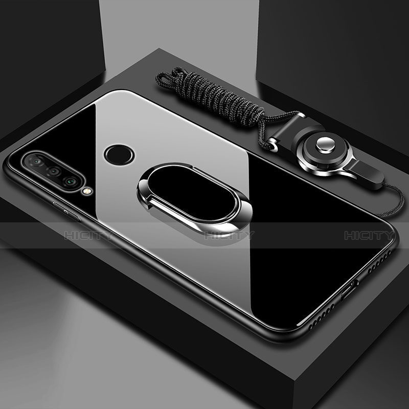 Silikon Schutzhülle Rahmen Tasche Hülle Spiegel mit Magnetisch Fingerring Ständer T02 für Huawei P Smart+ Plus (2019) Schwarz