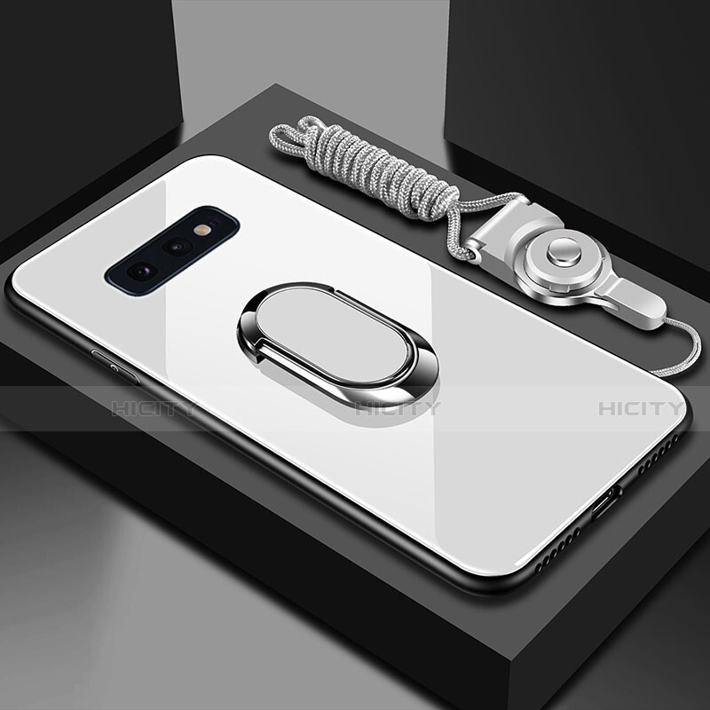 Silikon Schutzhülle Rahmen Tasche Hülle Spiegel mit Magnetisch Fingerring Ständer T02 für Samsung Galaxy S10e Weiß