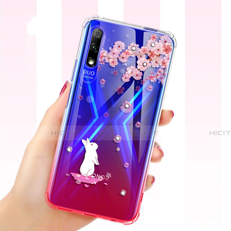 Silikon Schutzhülle Ultra Dünn Tasche Durchsichtig Transparent Blumen für Huawei Honor 9X Rot