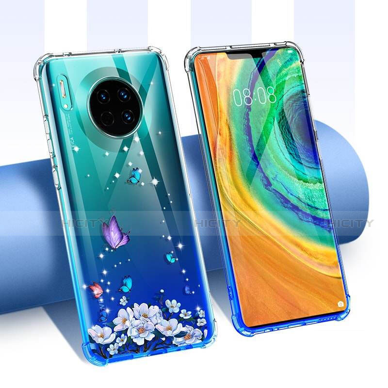 Silikon Schutzhülle Ultra Dünn Tasche Durchsichtig Transparent Blumen für Huawei Mate 30 Pro Blau