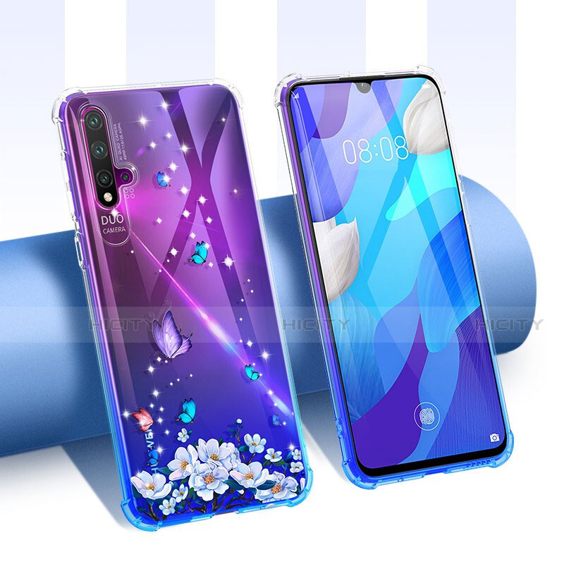 Silikon Schutzhülle Ultra Dünn Tasche Durchsichtig Transparent Blumen T01 für Huawei Nova 5 Pro Violett