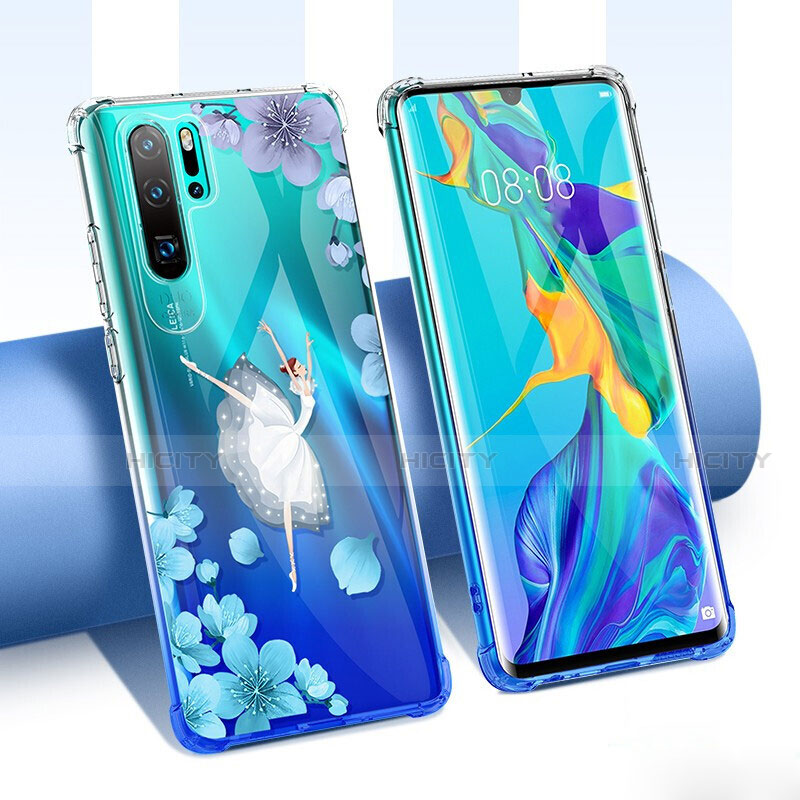 Silikon Schutzhülle Ultra Dünn Tasche Durchsichtig Transparent Blumen T02 für Huawei P30 Pro New Edition Blau Plus