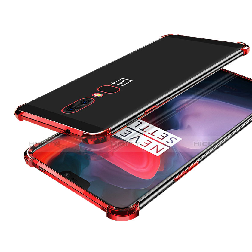 Silikon Schutzhülle Ultra Dünn Tasche Durchsichtig Transparent H02 für OnePlus 6 Rot