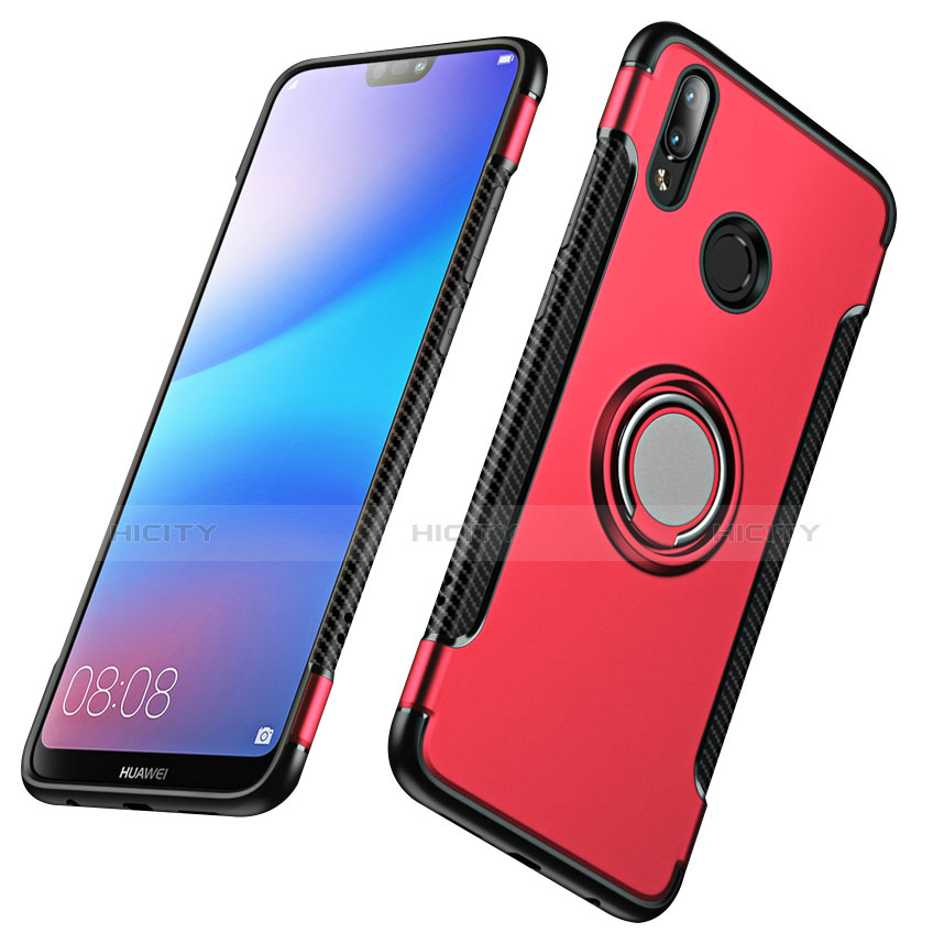 Silikon Schutzhülle und Kunststoff Tasche mit Fingerring Ständer für Huawei Nova 3e Rot