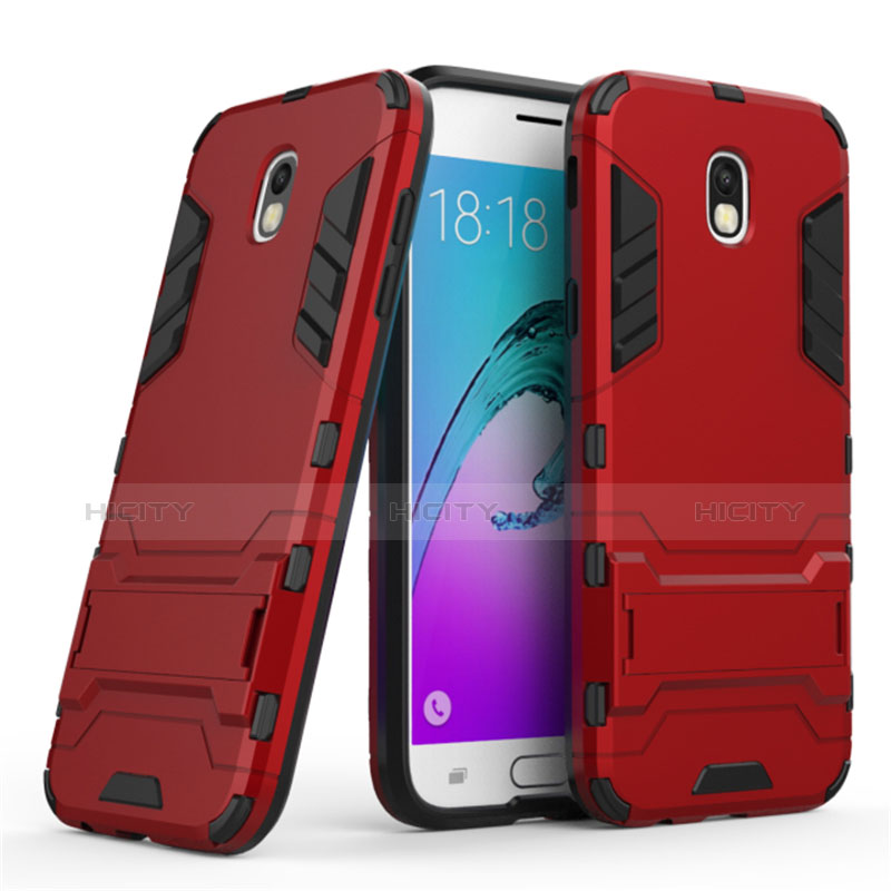 Silikon Schutzhülle und Kunststoff Tasche mit Ständer für Samsung Galaxy J5 (2017) SM-J750F Rot