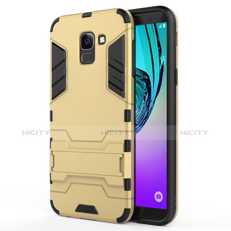 Silikon Schutzhülle und Kunststoff Tasche mit Ständer für Samsung Galaxy J6 (2018) J600F Gold